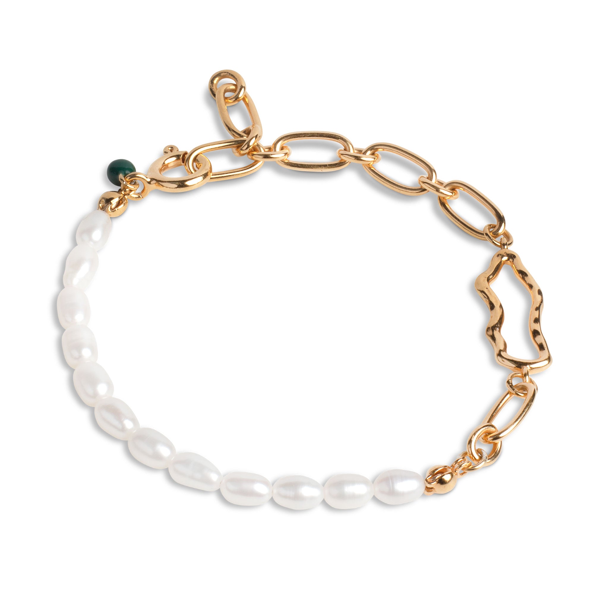 Enamel guld armbånd med perler, hvor den ene halvdel er ferskvandsperler og den anden er guldkæde