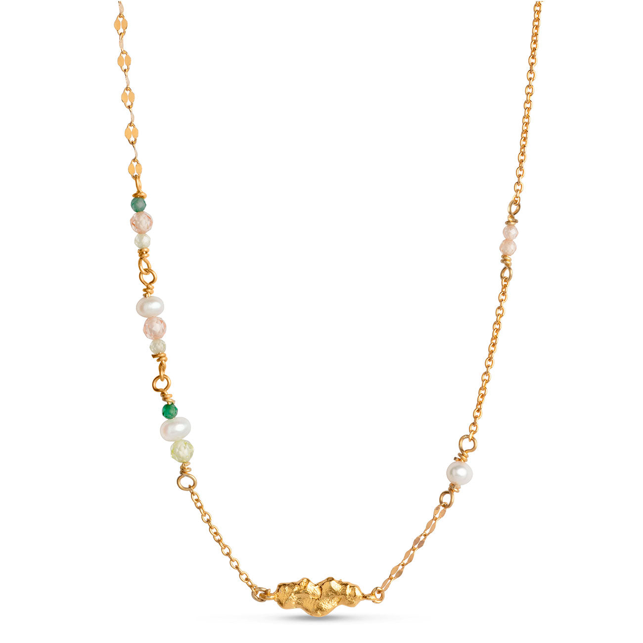 Guld halskæde med små farverige perler og ferskvandsperler fra Enamel 